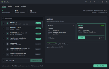 The DriverMax drivers tab