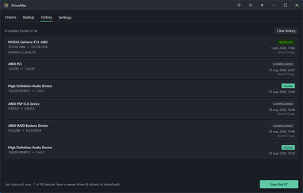 The DriverMax history tab
