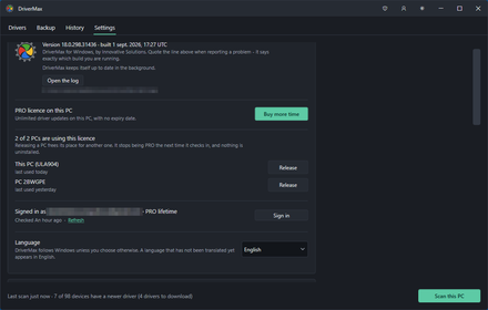The DriverMax settings tab